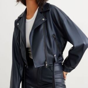 Women's Navy Faux Leather Jacket